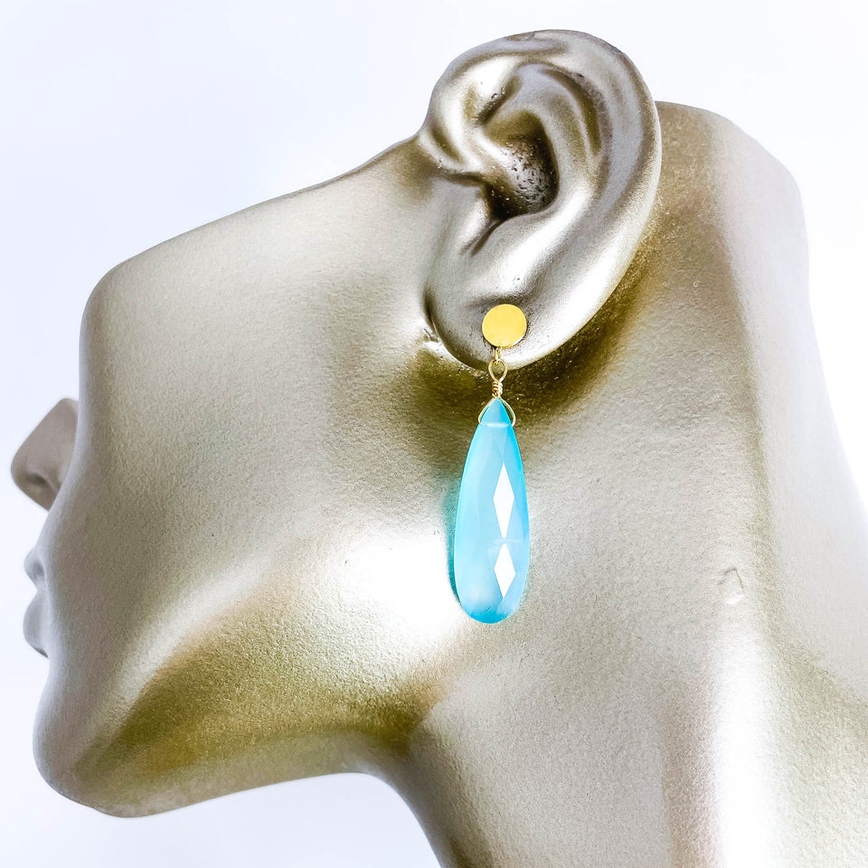 Gold Dangle Post Earrings Chalcedony Stone