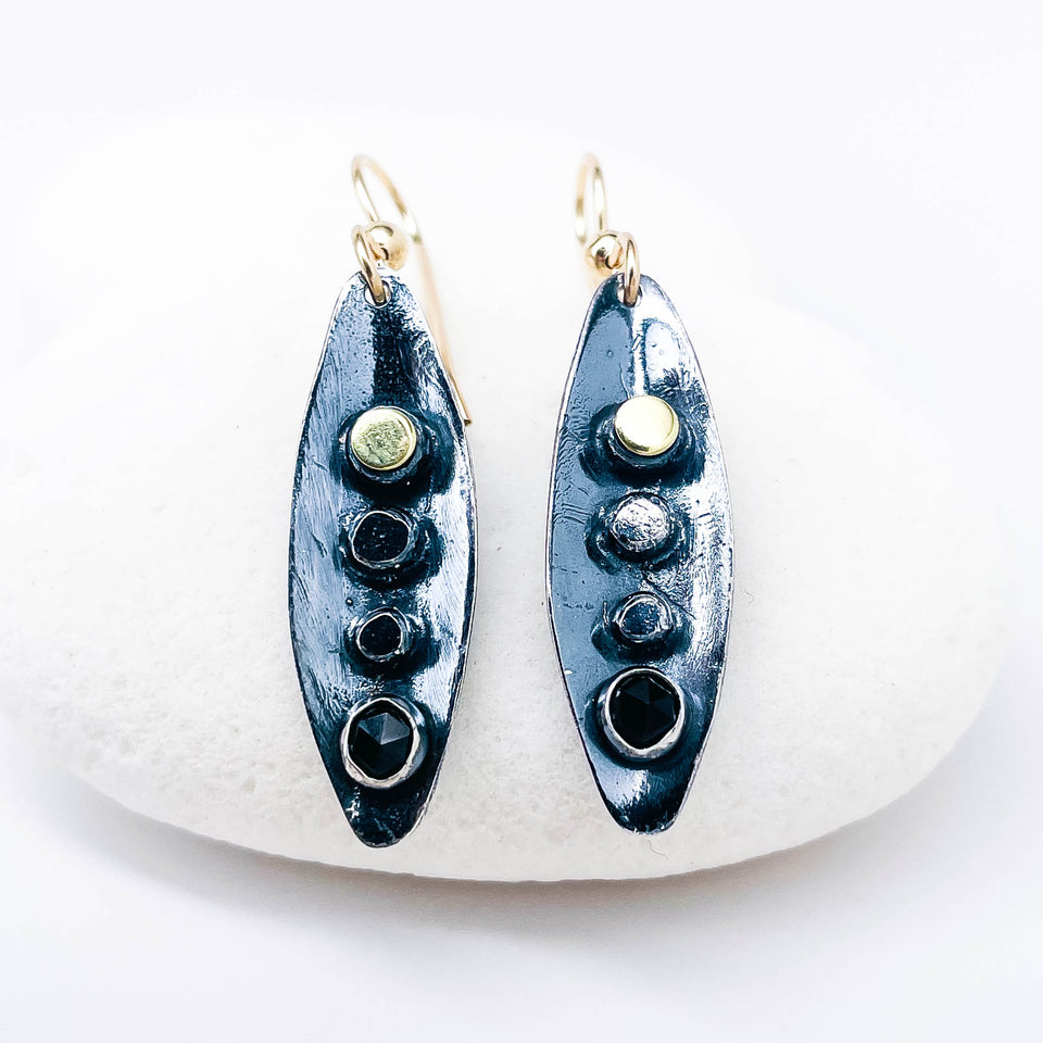Two Peas In A Pod Earrings | Gunmetal, Spinel, Gold and Sterling