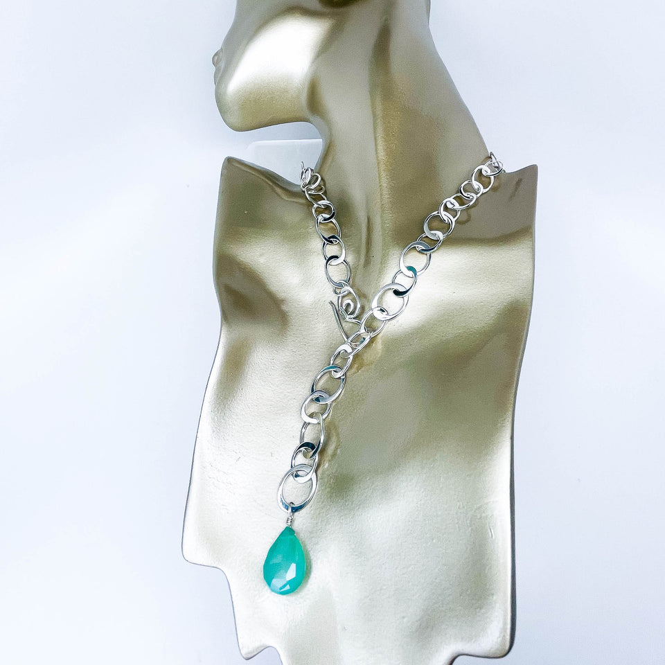 Chunky Sterling Silver Chain Necklace | Chalcedony Stone