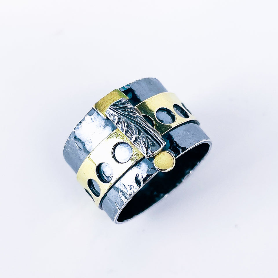 Gunmetal Sterling Silver Holy Gold Ring - Meditation Talisman Size 9