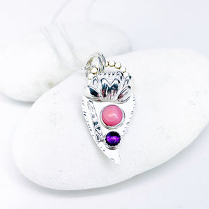 Sterling Silver Lotus Pink Conch Shell and Amethyst Pendant Necklace