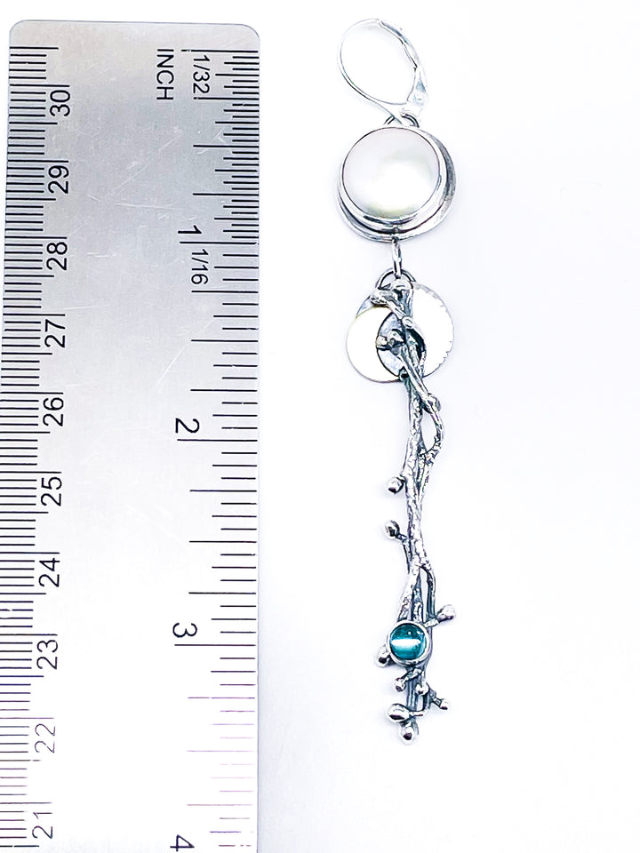 Sterling Silver Ginkgo Earrings - Dentilium, Larimar, Pearl, Apatite - DawnsArtisanJewelry.com
