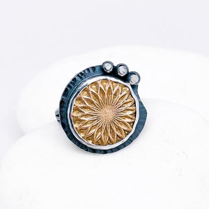 Sterling Silver Bronze Mandala Ring - Sunburst Ring Size 8