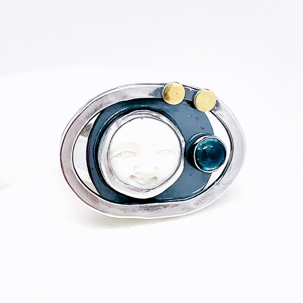 Sterling Silver Orbit Ring Size 6.5 to 8.5 Moonface, Gold, Apatite Stone