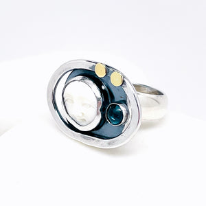Sterling Silver Orbit Ring Size 6.5 to 8.5 Moonface, Gold, Apatite Stone