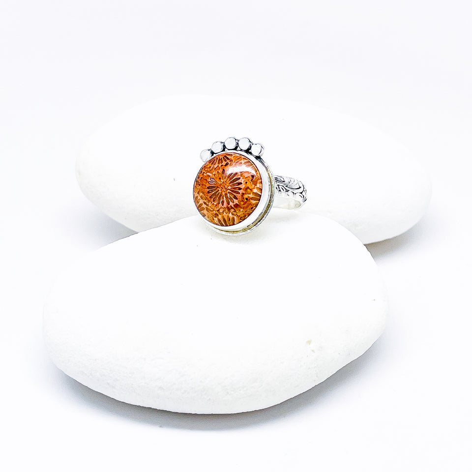 Fossilized Coral Ring - Fossil Ring Size 7 1/2