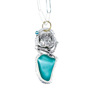 Sterling Silver Maui Sea Glass Totem Pendant - Blue Topaz Lotus Necklace