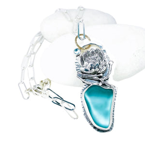 Sterling Silver Maui Sea Glass Totem Pendant - Blue Topaz Lotus Necklace