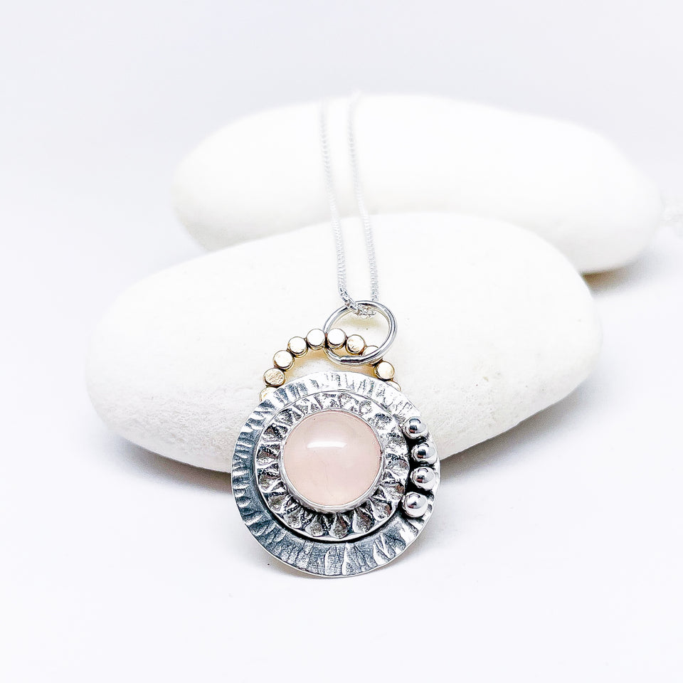 Sterling Silver Mandala Necklace - Rose Quartz Pendant