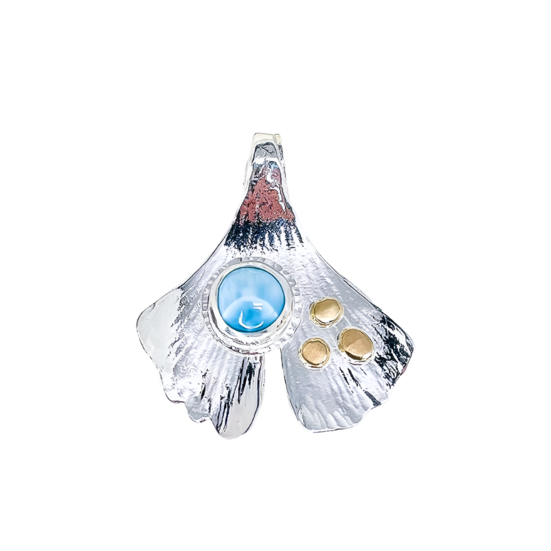 Sterling Silver Ginkgo Pendant | Larimar Leaf Pendant with 14K Gold