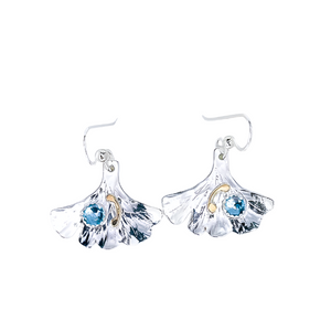 Sterling Silver Ginkgo Dangle Earrings - Blue Topaz with 14K