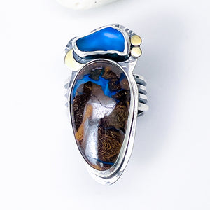 Sterling Silver Boulder Opal & Sea Glass Ring – Tide & Flame Talisman Size 9 1/2 to 10