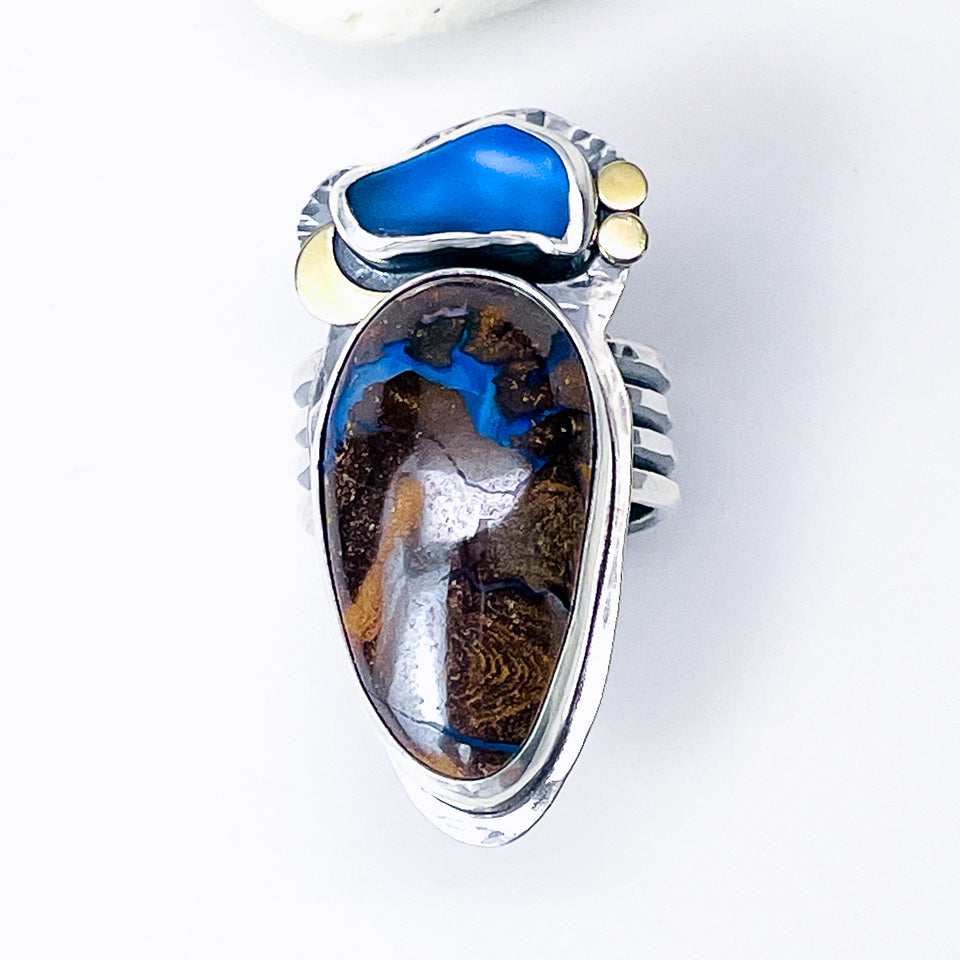 Sterling Silver Boulder Opal & Sea Glass Ring – Tide & Flame Talisman Size 9 1/2 to 10