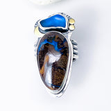 Sterling Silver Boulder Opal & Sea Glass Ring – Tide & Flame Talisman Size 9 1/2 to 10