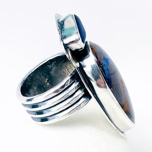 Sterling Silver Boulder Opal & Sea Glass Ring – Tide & Flame Talisman Size 9 1/2 to 10
