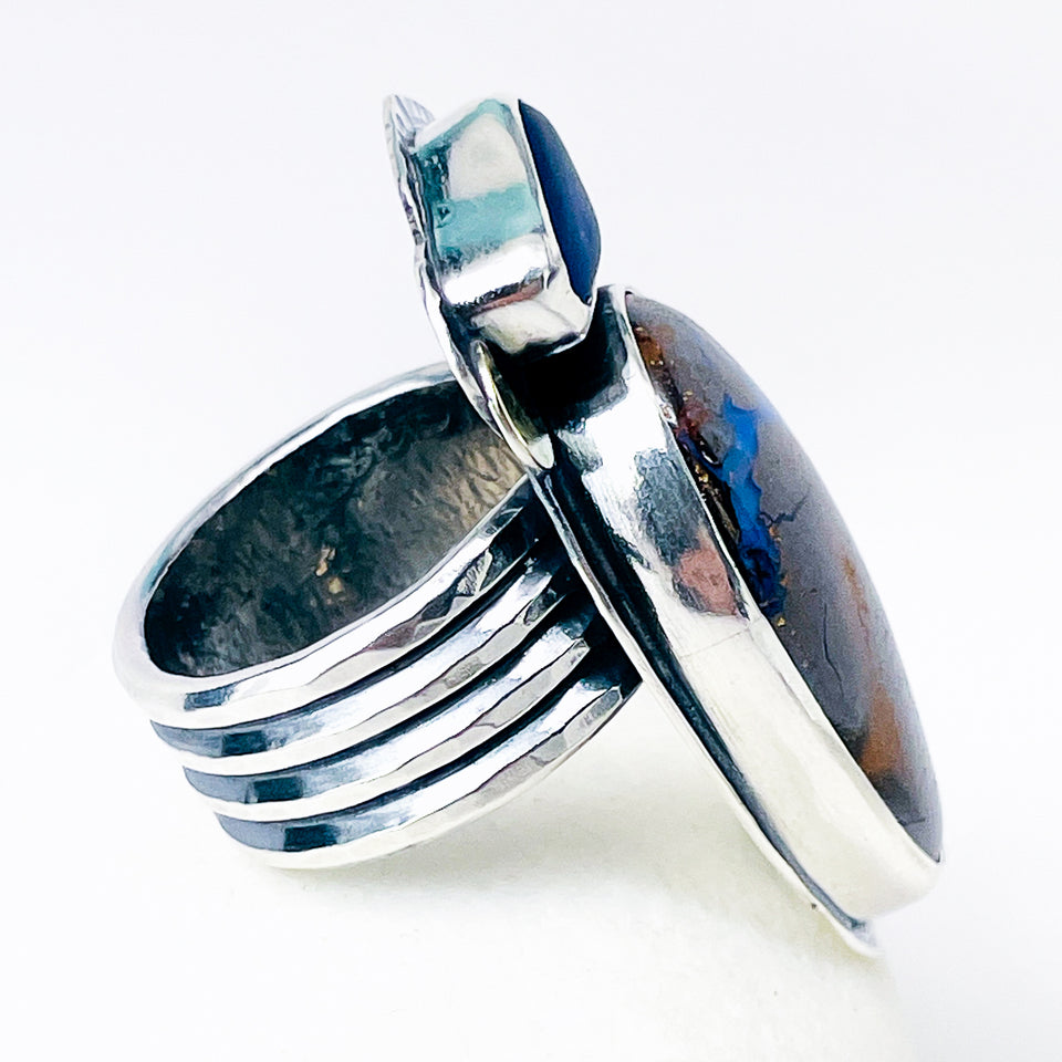 Sterling Silver Boulder Opal & Sea Glass Ring – Tide & Flame Talisman Size 9 1/2 to 10