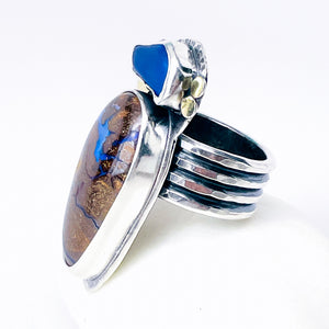 Sterling Silver Boulder Opal & Sea Glass Ring – Tide & Flame Talisman Size 9 1/2 to 10