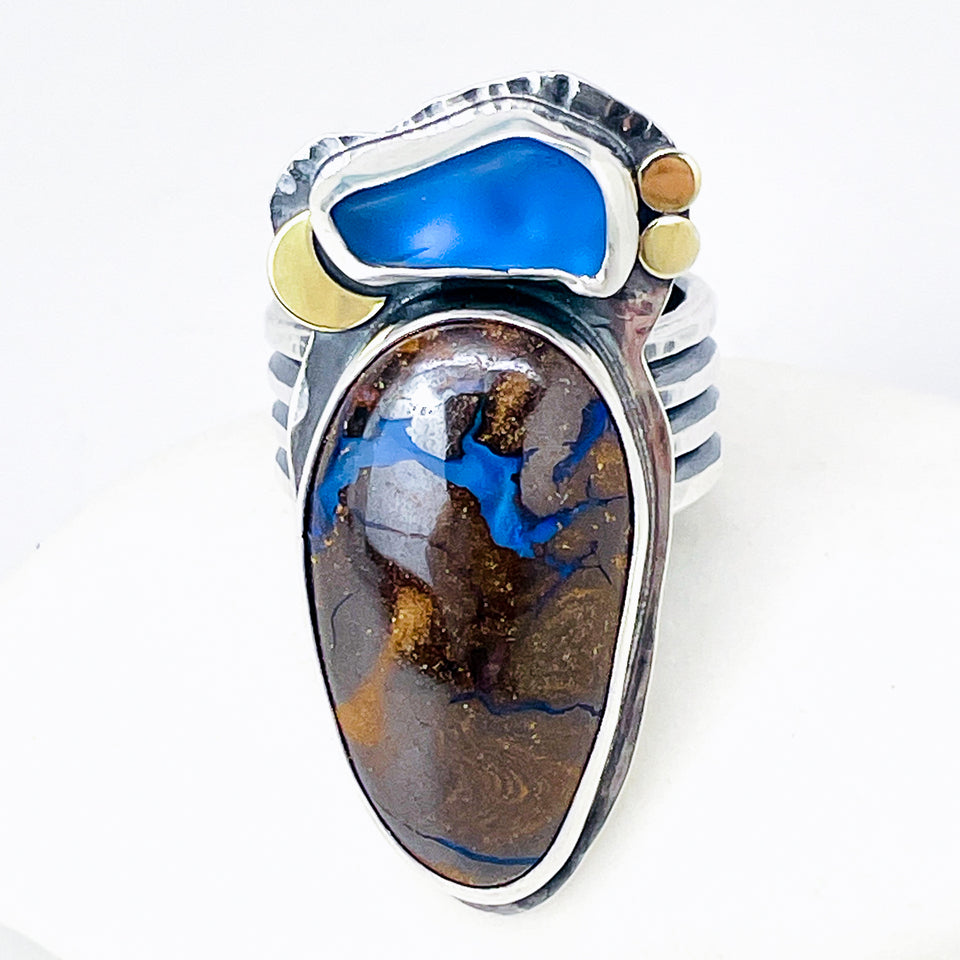 Sterling Silver Boulder Opal & Sea Glass Ring – Tide & Flame Talisman Size 9 1/2 to 10