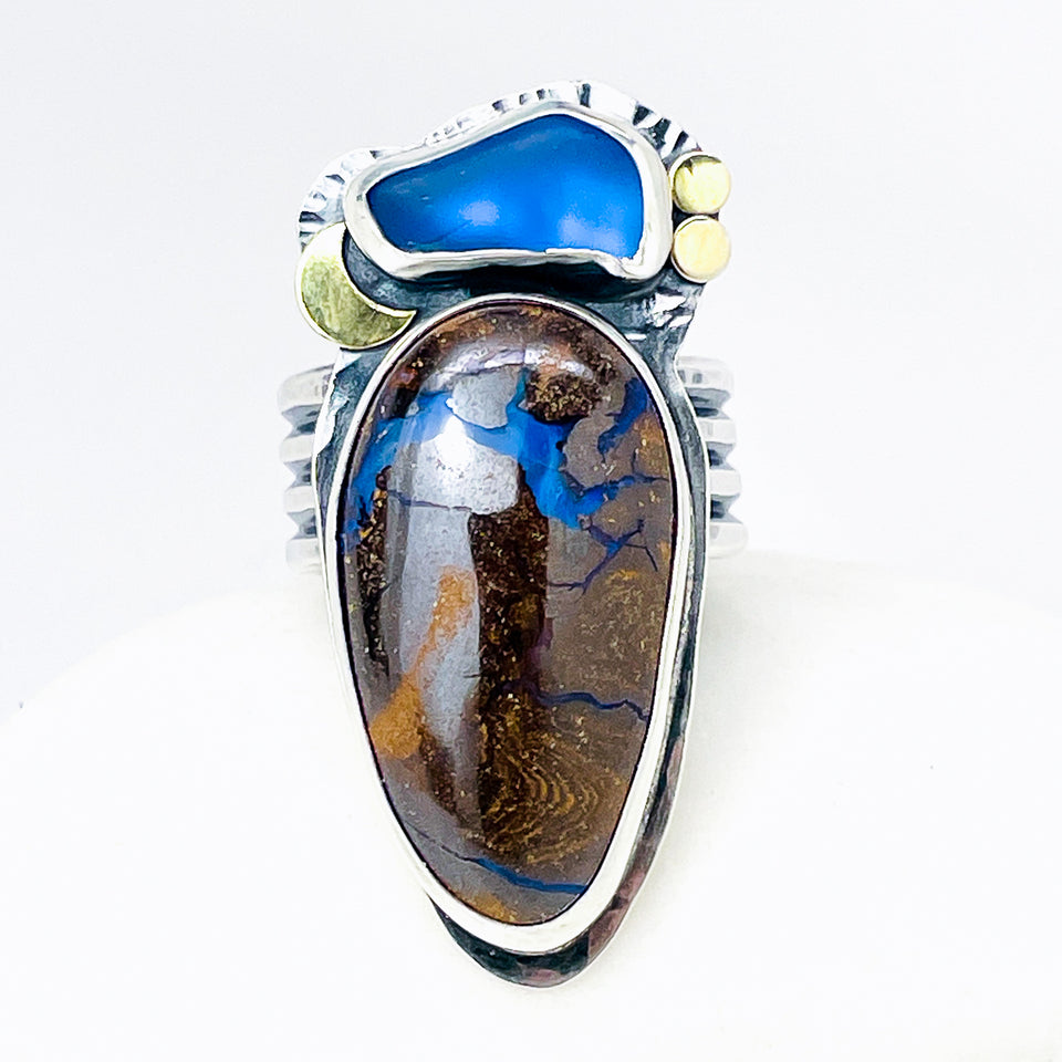 Sterling Silver Boulder Opal & Sea Glass Ring – Tide & Flame Talisman Size 9 1/2 to 10