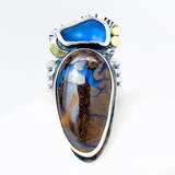 Sterling Silver Boulder Opal & Sea Glass Ring – Tide & Flame Talisman Size 9 1/2 to 10