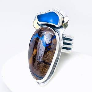 Sterling Silver Boulder Opal & Sea Glass Ring – Tide & Flame Talisman Size 9 1/2 to 10