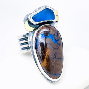 Sterling Silver Boulder Opal & Sea Glass Ring – Tide & Flame Talisman Size 9 1/2 to 10
