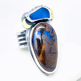 Sterling Silver Boulder Opal & Sea Glass Ring – Tide & Flame Talisman Size 9 1/2 to 10