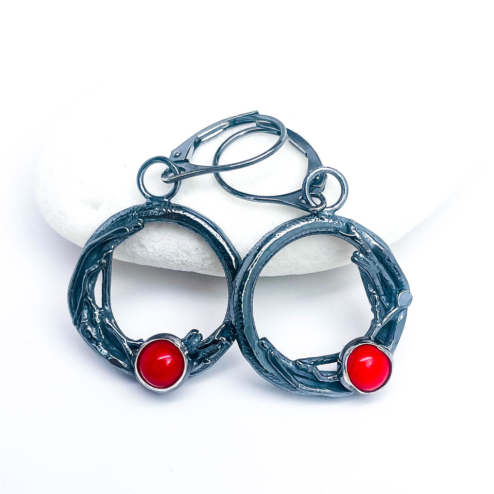 Sterling Silver Red Coral Nest Earrings - Sunset Nest