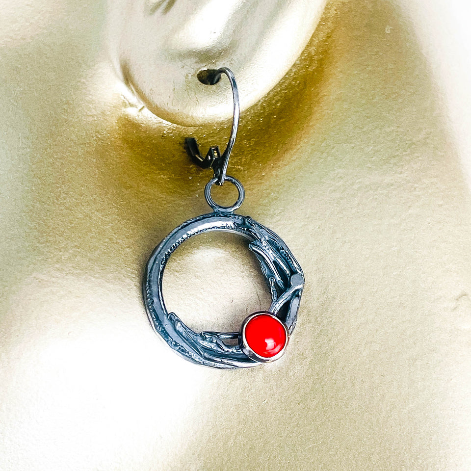 Sterling Silver Red Coral Nest Earrings - Sunset Nest