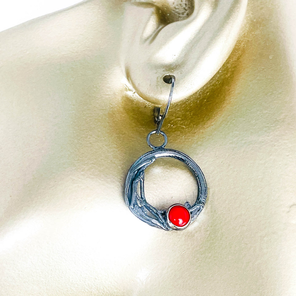 Sterling Silver Red Coral Nest Earrings - Sunset Nest
