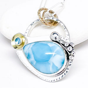 Sterling Silver Larimar Pendant - Ocean Wave with Gold and Blue Topaz