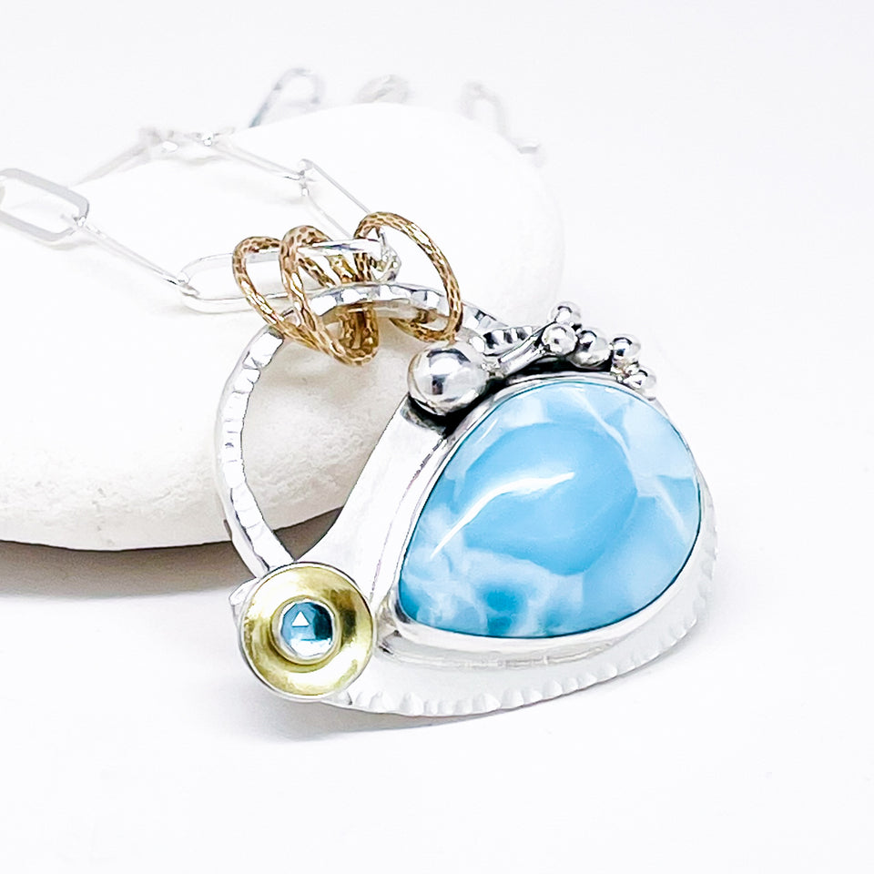 Sterling Silver Larimar Pendant - Ocean Wave with Gold and Blue Topaz
