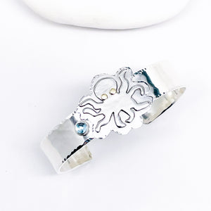 Sterling Silver Octopus Cuff with Blue Topaz and Gold