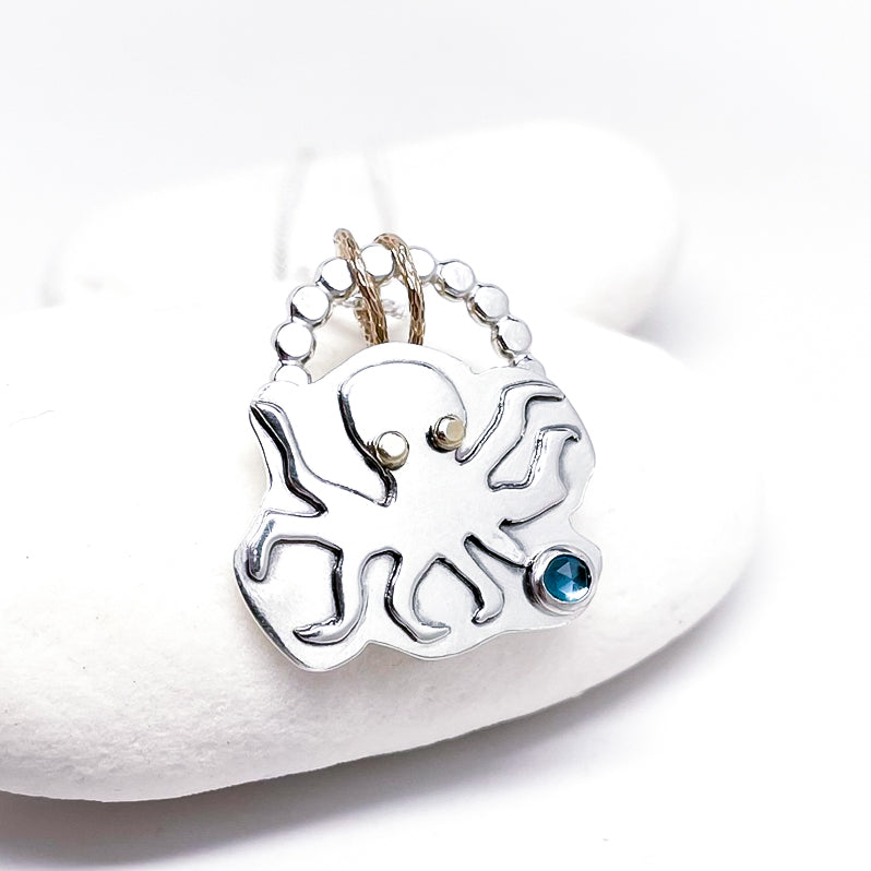 Sterling Silver Octopus Pendant Necklace - 18k Gold Eyes and Blue Topaz