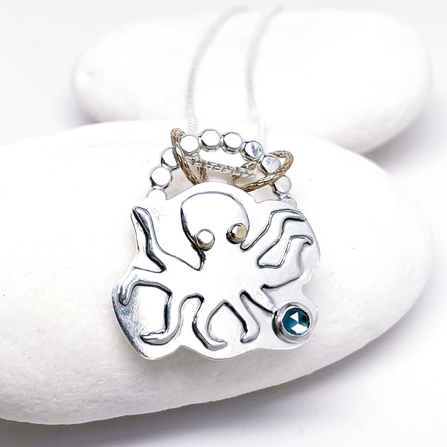 Sterling Silver Octopus Pendant Necklace - Gold Eyes and Blue Topaz