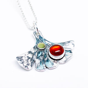 Sterling Silver Ginkgo Necklace with Stones