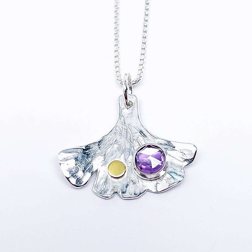 Sterling Silver Ginkgo Necklace with Stones