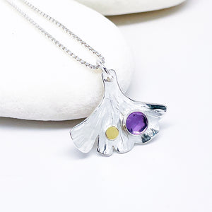 Sterling Silver Ginkgo Necklace with Stones