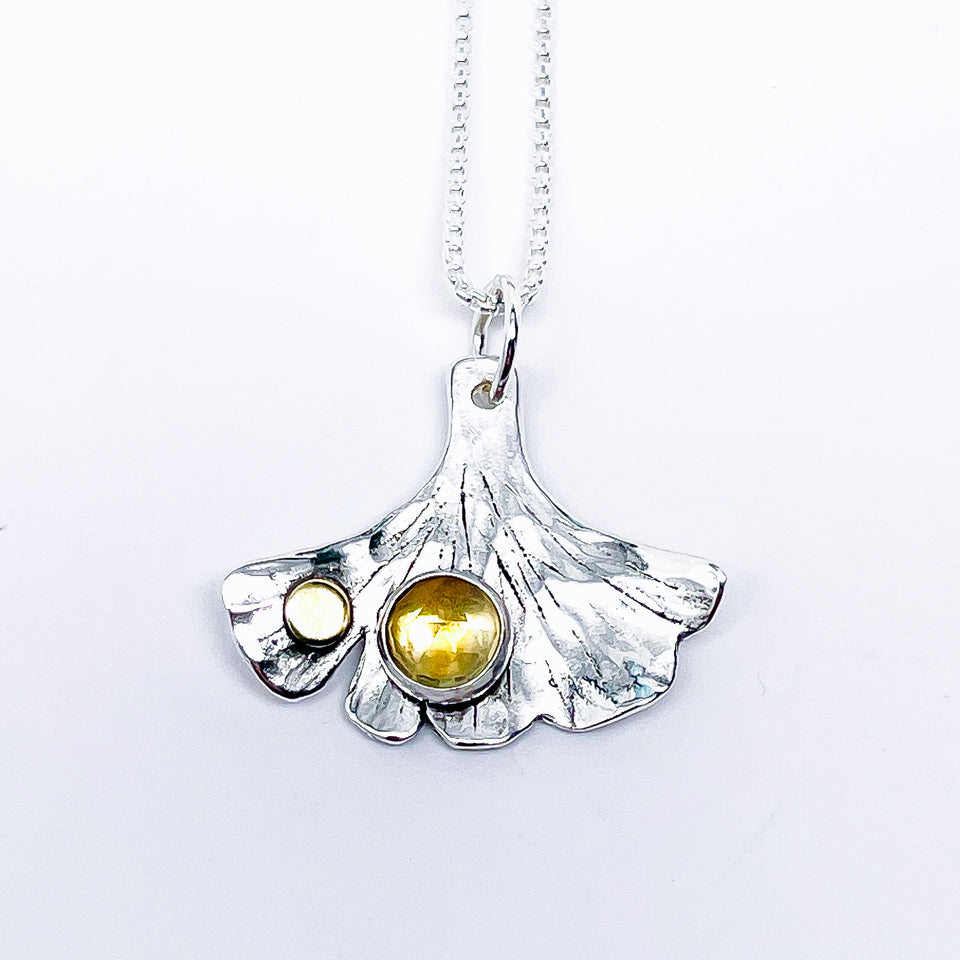 Sterling Silver Ginkgo Necklace with Stones