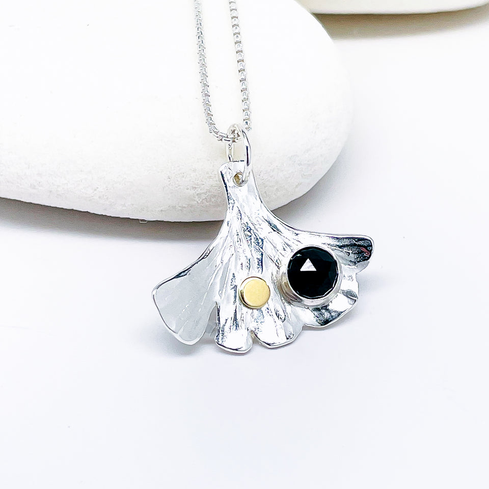 Sterling Silver Ginkgo Necklace with Stones