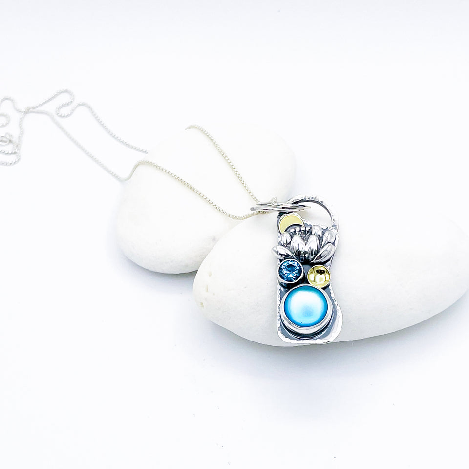 Sterling Silver Opalite and Blue Topaz Lotus Necklace - DawnsArtisanJewelry.com