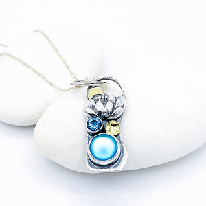 Sterling Silver Opalite and Blue Topaz Lotus Necklace - DawnsArtisanJewelry.com