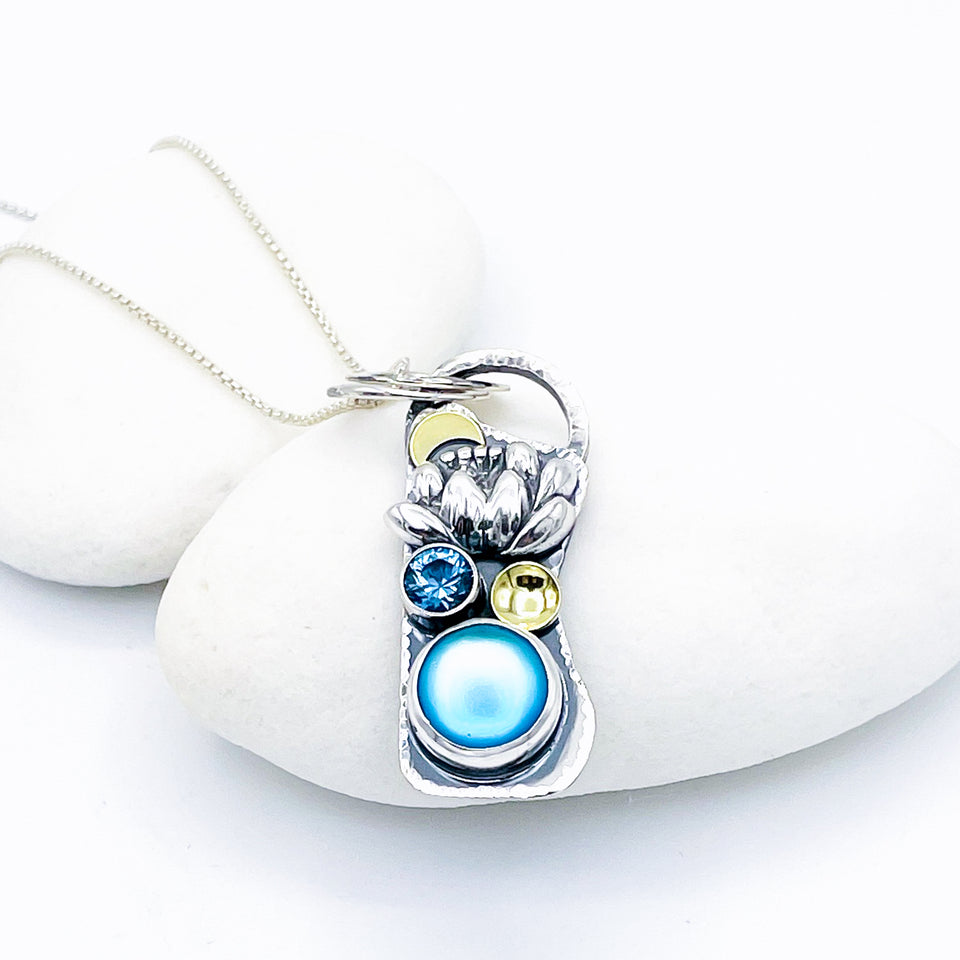 Sterling Silver Opalite and Blue Topaz Lotus Necklace - DawnsArtisanJewelry.com