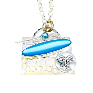 Sterling Silver Opalite Statement Necklace - Gold and Silver Moonface Pendant