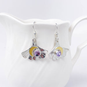 Sterling Silver Amethyst Ginkgo Earrings with Gold