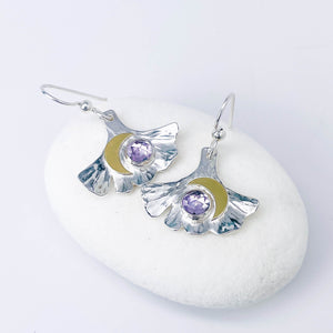 Sterling Silver Amethyst Ginkgo Earrings with Gold