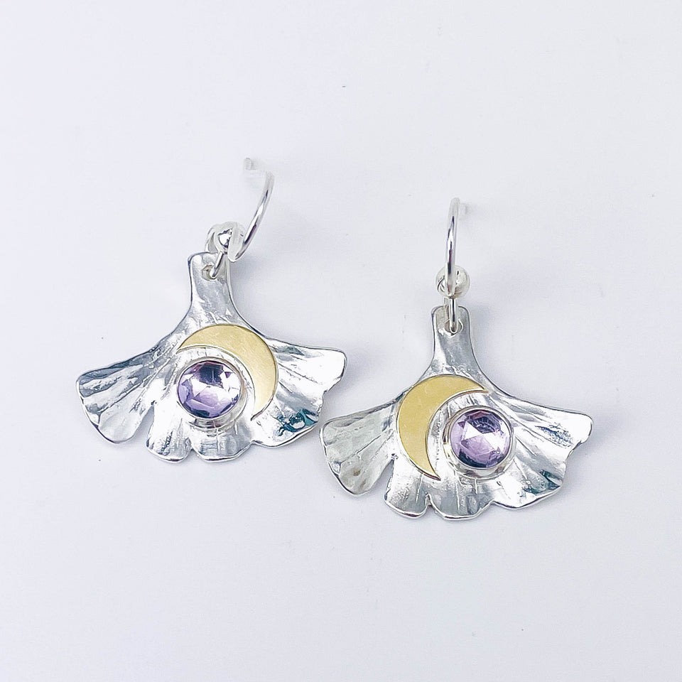 Sterling Silver Amethyst Ginkgo Earrings with Gold