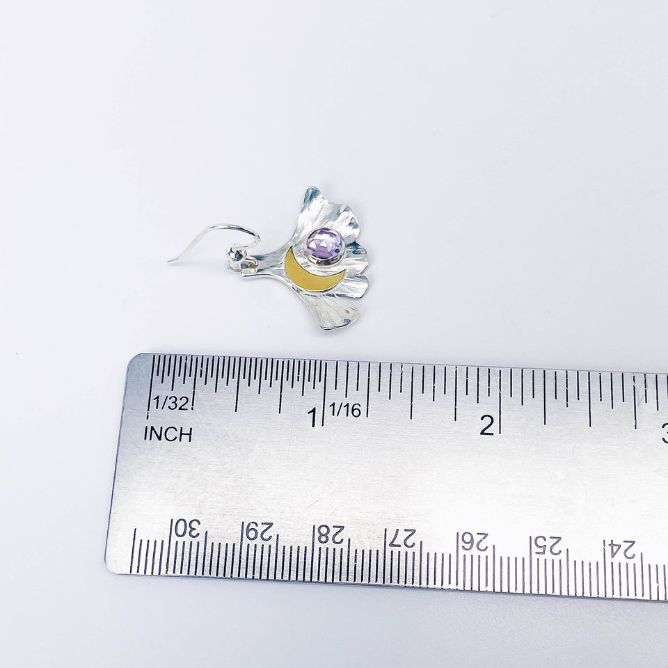 Sterling Silver Amethyst Ginkgo Earrings with Gold