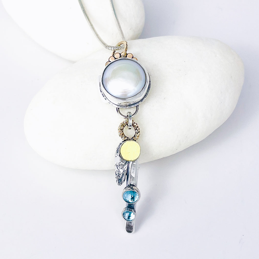 Freshwater Pearl and Blue Topaz Necklace - Inner Wisdom Talisman