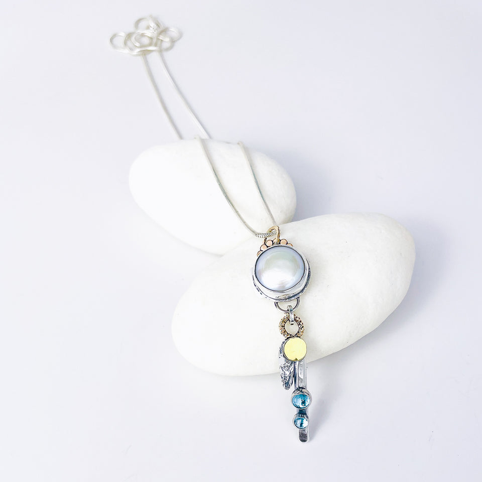 Freshwater Pearl and Blue Topaz Necklace - Inner Wisdom Talisman